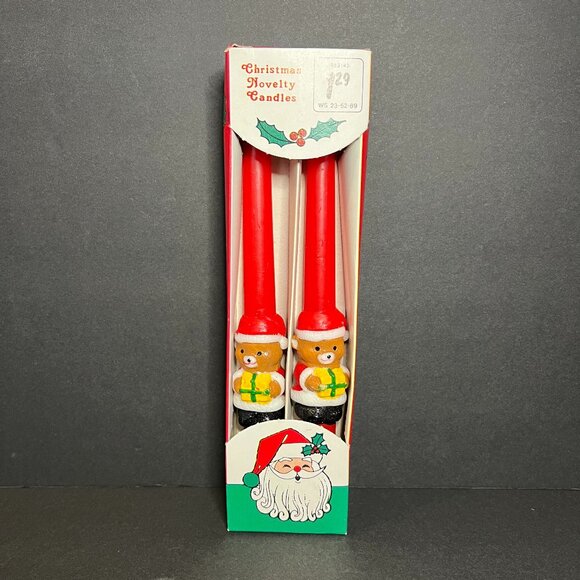 Vintage 1989 YDC Set of 2 Red Christmas Seasonal Novelty Bear 10" Taper Candles - Picture 1 of 7
